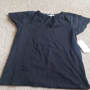 Time and Tru XS Black Eyelet Flutter Sleeve Tee Shirt Blouse Top